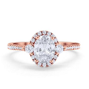 14K Rose Gold Oval Engagement Ring Round Simulated Cubic Zirconia Size-7